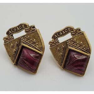 Vintage Alsace Gripoix Style Gold Tone Cabochon Purple Swirl Diamond Earrings